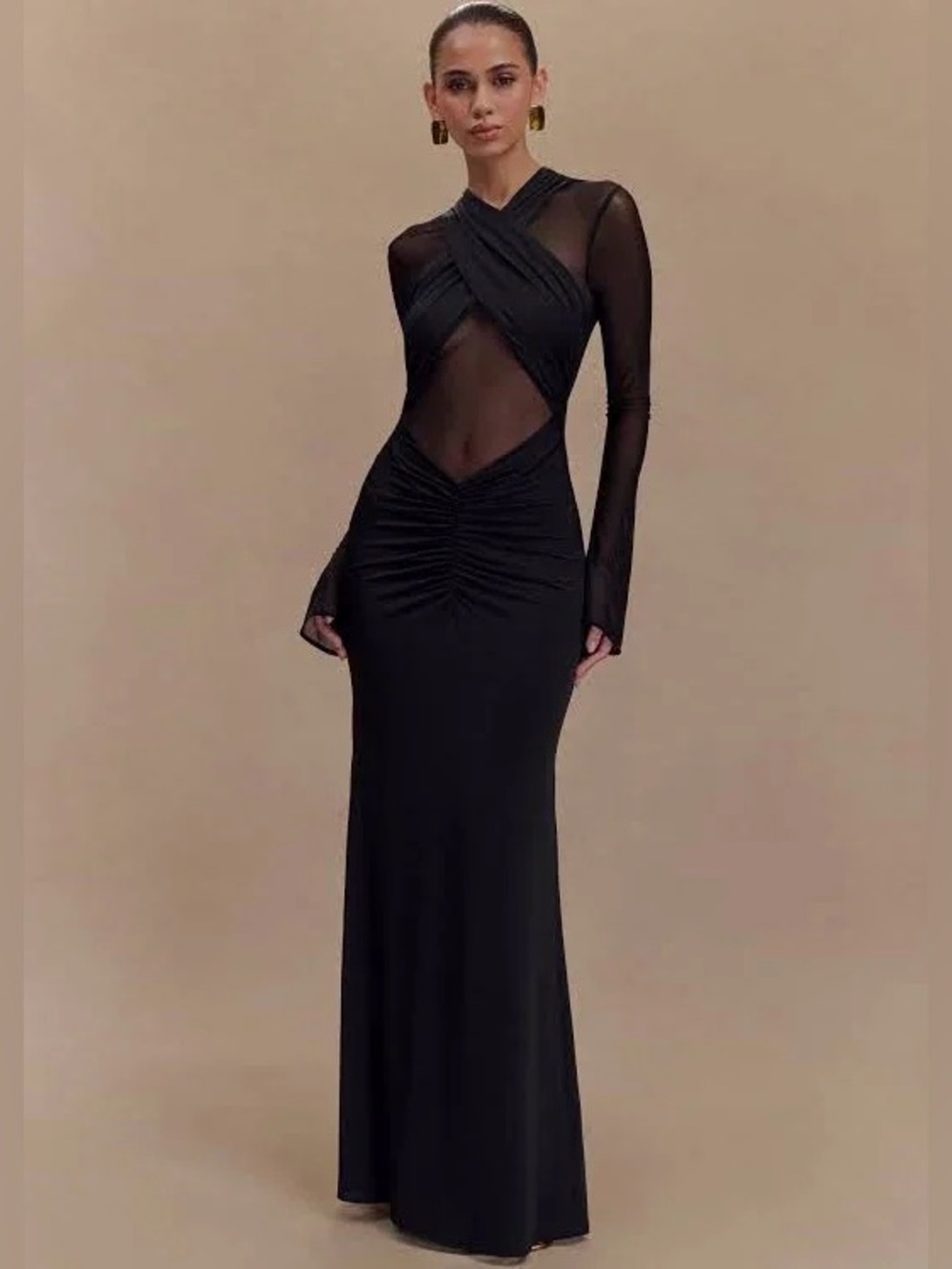 NWT Black Long Sleeve Mesh Panel Evening Gown